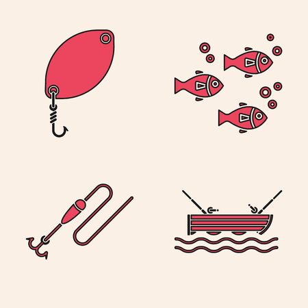 Set Fishing boat with fishing rod on water, Fishing spoon, Fish and Fishing line with hook and float icon. Vectorのイラスト素材