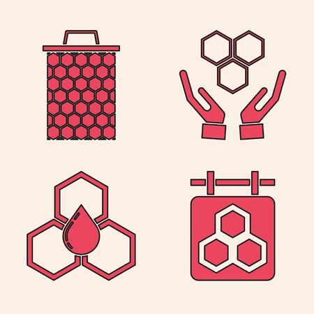 Set Hanging sign with honeycomb, Honeycomb, Honeycomb and hands and Honeycomb icon. Vectorのイラスト素材