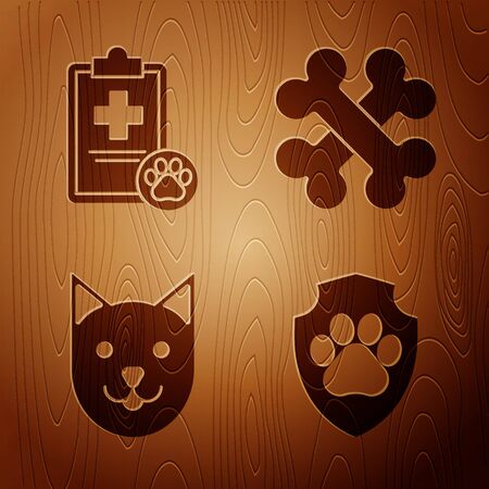 Set Animal health insurance, Clipboard with medical clinical record pet, Cat and Crossed bones on wooden background. Vectorのイラスト素材