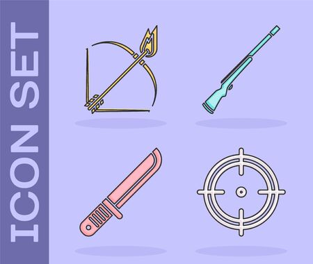 Set Target sport for shooting competition, Bow and fire arrow, Hunter knife and Hunting gun icon. Vectorのイラスト素材