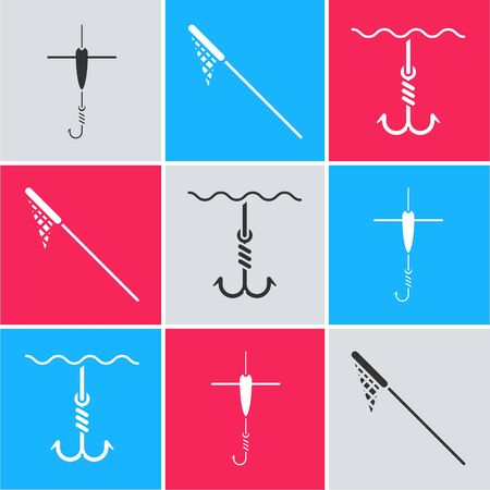 Set Fishing hook and float, Fishing net and Fishing hook under water icon. Vectorのイラスト素材