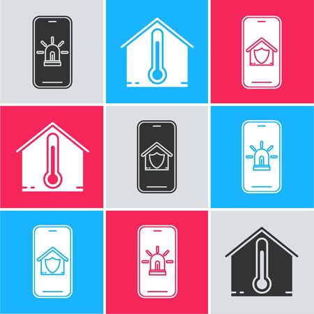 Set Mobile phone with smart house and alarm, House temperature and Mobile phone with house under protection icon. Vectorのイラスト素材