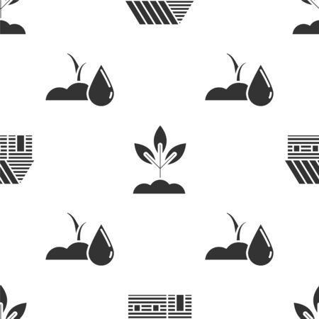 Set Farm house, Plant and Watering sprout on seamless pattern. Vectorのイラスト素材