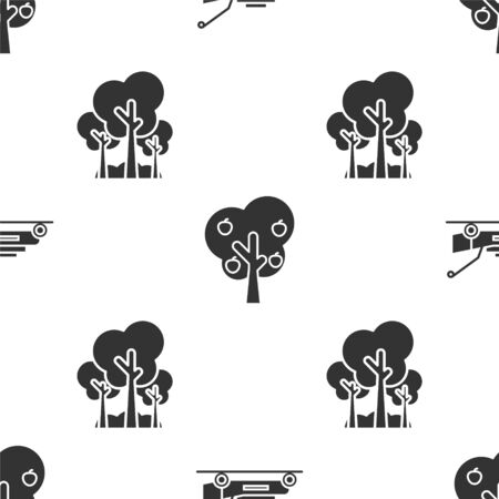 Set Lawn mower, Tree with apple and Trees on seamless pattern. Vectorのイラスト素材