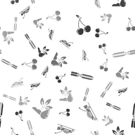 Set Cherry, Lawn mower, Gardening handmade scissors for trimming and Watering plant on seamless pattern. Vectorのイラスト素材