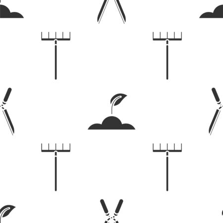 Set Gardening handmade scissors for trimming, Sprout and Garden rake on seamless pattern. Vectorのイラスト素材