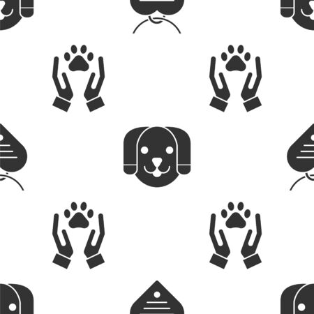 Set Collar with name tag and heart, Dog and Hands with animals footprint on seamless pattern. Vectorのイラスト素材