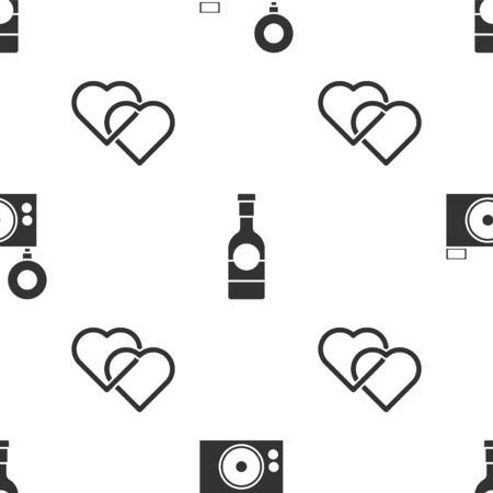 Set Photo camera, Champagne bottle and Two Linked Hearts on seamless pattern. Vectorのイラスト素材