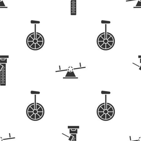 Set High striker attraction with big hammer, Seesaw and Unicycle or one wheel bicycle on seamless pattern. Vectorのイラスト素材