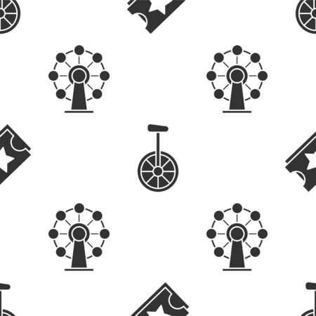 Set Ticket, Unicycle or one wheel bicycle and Ferris wheel on seamless pattern. Vectorのイラスト素材