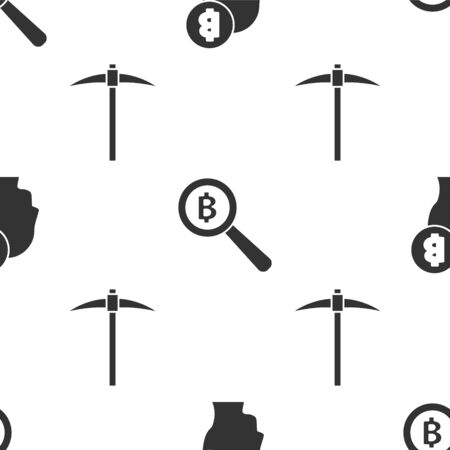 Set Bitcoin think, Magnifying glass with Bitcoin and Pickaxe on seamless pattern. Vectorのイラスト素材