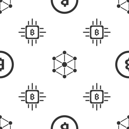 Set Cryptocurrency coin Bitcoin, Blockchain technology and CPU mining farm on seamless pattern. Vectorのイラスト素材