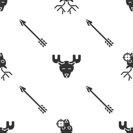 Set Hunt on deer with crosshairs, Moose head with horns and Hipster arrow on seamless pattern. Vectorのイラスト素材