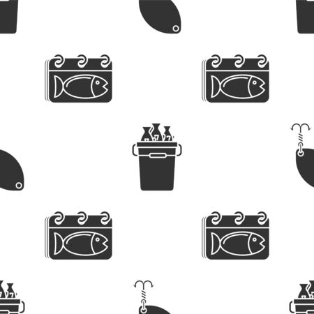 Set Fishing spoon, Fishing bucket with fishes and Calendar with a fish on seamless pattern. Vectorのイラスト素材