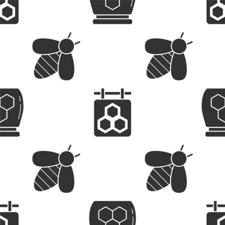 Set Jar of honey, Hanging sign with honeycomb and Bee on seamless pattern. Vectorのイラスト素材