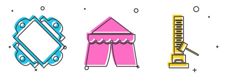Set Ticket, Circus tent and High striker attraction with big hammer icon. Vectorのイラスト素材