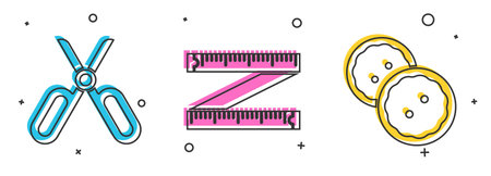 Set Scissors, Tape measure and Sewing button for clothes icon. Vector