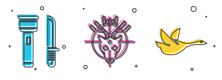 Set Flashlight and knife, Hunt on deer with crosshairs and Flying duck icon. Vector