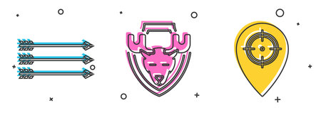 Set Hipster arrows, Moose head on shield and Hunt place icon. Vector