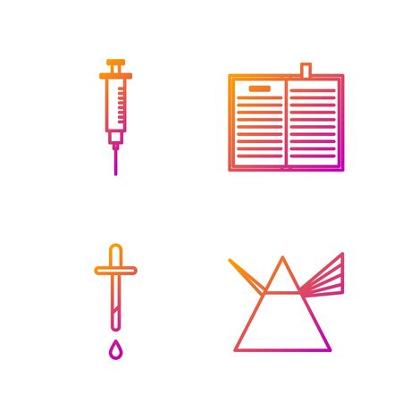 Set line Light rays in prism, Pipette, Syringe and Open science book. Gradient color icons. Vectorのイラスト素材