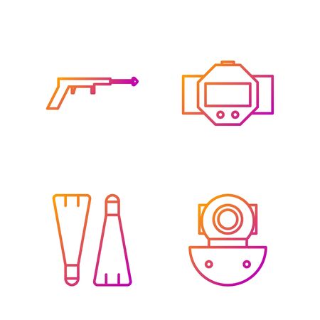 Set line Aqualung, Rubber flippers for swimming, Fishing harpoon and Diving watch. Gradient color icons. Vectorのイラスト素材