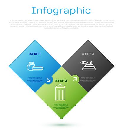 Set line Chainsaw, Garden hose or fire hose and Trash can. Business infographic template. Vectorのイラスト素材