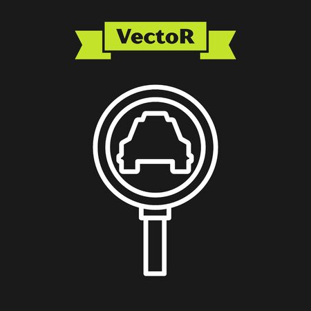 White line Magnifying glass and taxi car icon isolated on black background. Taxi search. Vector Illustrationのイラスト素材