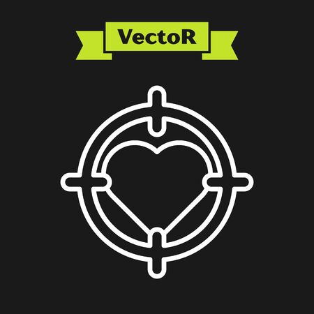 White line Heart in the center of darts target aim icon isolated on black background. Valentines day. Vector Illustrationのイラスト素材