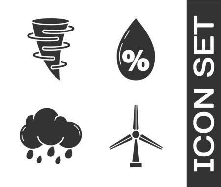 Set Wind turbine, Tornado, Cloud with rain and Water drop percentage icon. Vectorのイラスト素材