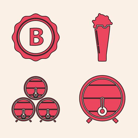 Set Wooden barrel on rack with stopcock, Bottle cap with inscription beer, Glass of beer and Wooden barrel on rack with stopcock icon. Vectorのイラスト素材