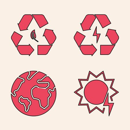Set Solar energy panel, Recycle symbol and leaf, Battery with recycle symbol and Earth globe icon. Vectorのイラスト素材