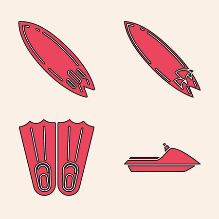 Set Jet ski, Surfboard, Surfboard and Rubber flippers for swimming icon. Vectorのイラスト素材