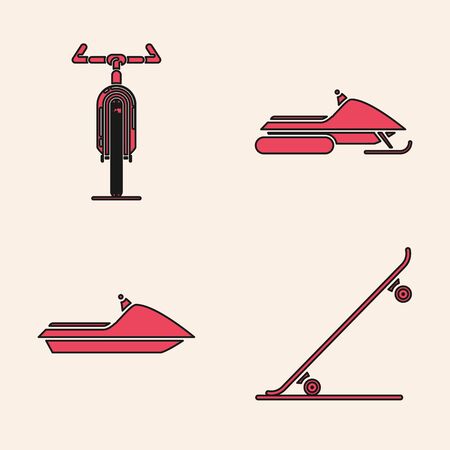 Set Skateboard, Bicycle, Snowmobile and Jet ski icon. Vectorのイラスト素材