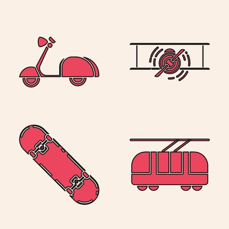 Set Tram and railway, Scooter, Old retro vintage plane and Skateboard icon. Vectorのイラスト素材