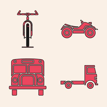 Set Delivery cargo truck vehicle, Bicycle, All Terrain Vehicle or ATV motorcycle and School Bus icon. Vectorのイラスト素材