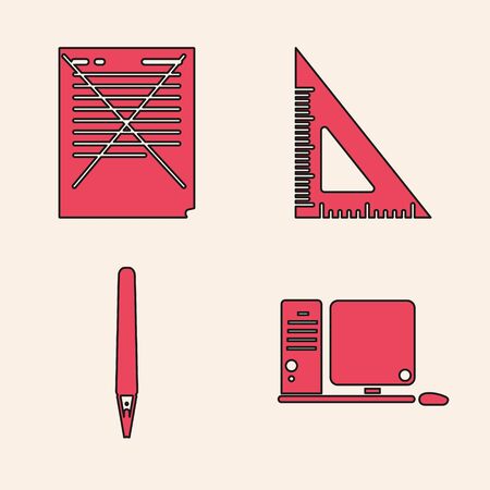 Set Computer monitor with keyboard and mouse, Exam paper with incorrect answers survey, Triangular ruler and Pen icon. Vectorのイラスト素材