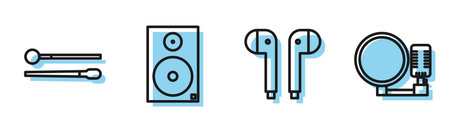 Set line Air headphones, Drum sticks, Stereo speaker and Microphone icon. Vector