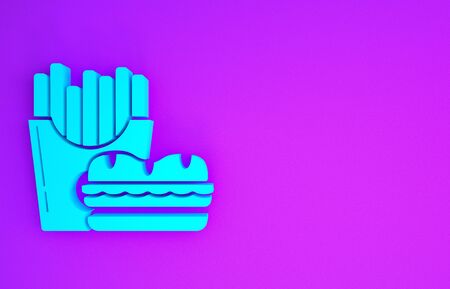 Blue Burger and french fries in carton package box icon isolated on purple background. Hamburger, cheeseburger sandwich. Fast food menu. Minimalism concept. 3d illustration 3D renderの写真素材