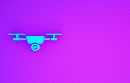 Blue Drone flying with action video camera icon isolated on purple background. Quadrocopter with video and photo camera symbol. Minimalism concept. 3d illustration 3D renderの写真素材