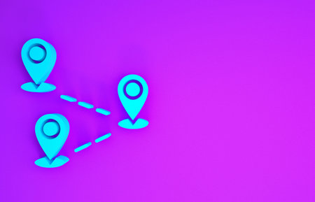 Blue Route location icon isolated on purple background. Map pointer sign. Concept of path or road....