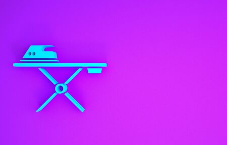Blue Electric iron and ironing board icon isolated on purple background. Steam iron. Minimalism concept. 3d illustration 3D renderの写真素材