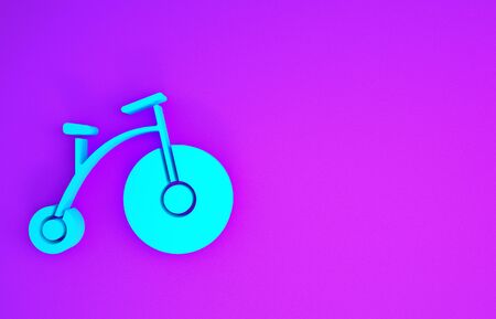 Blue Vintage bicycle with one big wheel and one small icon isolated on purple background. Bike public transportation sign. Minimalism concept. 3d illustration 3D renderの写真素材