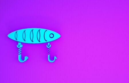 Blue Fishing lure icon isolated on purple background. Fishing tackle. Minimalism concept. 3d illustration 3D renderの写真素材