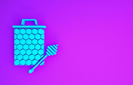 Blue Honeycomb with honey dipper stickicon isolated on purple background. Honey ladle. Honey cells symbol. Sweet natural food. Minimalism concept. 3d illustration 3D renderの写真素材