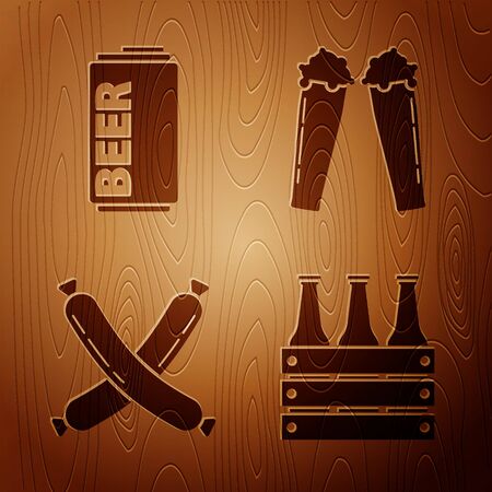 Set Pack of beer bottles, Beer can, Crossed sausage and Glass of beer on wooden background. Vectorのイラスト素材