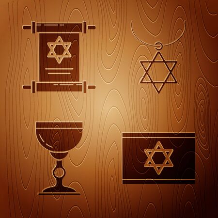 Set Flag of Israel, Torah scroll, Jewish goblet and Star of David necklace on chain on wooden background. Vectorのイラスト素材