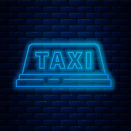 Glowing neon line Taxi car roof icon isolated on brick wall background. Vector Illustrationのイラスト素材