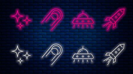 Set line Satellite, UFO flying spaceship, Falling star and Rocket ship with fire. Glowing neon icon on brick wall. Vectorのイラスト素材