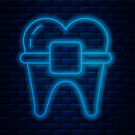 Glowing neon line Teeth with braces icon isolated on brick wall background. Alignment of bite of teeth, dental row with with braces. Dental concept. Vector Illustrationのイラスト素材