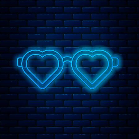 Glowing neon line Heart shaped love glasses icon isolated on brick wall background. Suitable for Valentine day card design. Vector Illustrationのイラスト素材